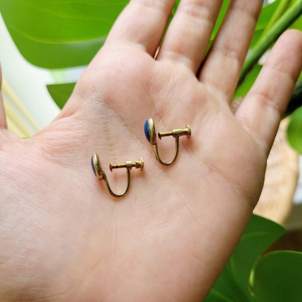 Vintage Pair of Dainty Blue Screwback Clip-On Earrings - Picture 8 of 8